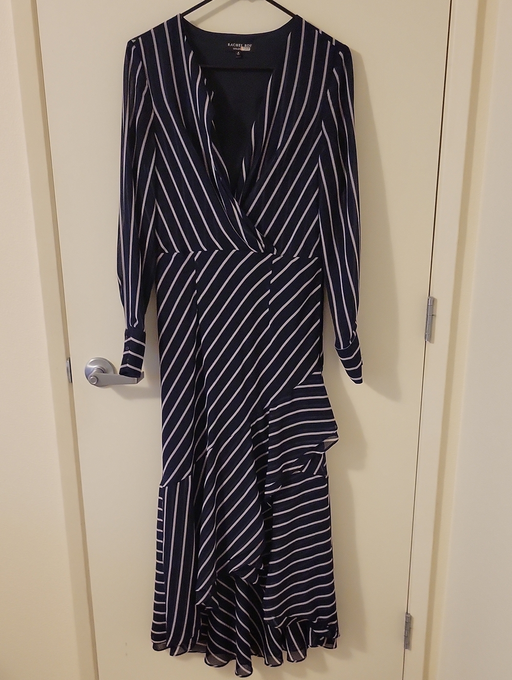 Rachel Zoe Navy and White Striped Long-Sleeve Wrap Midi Dress